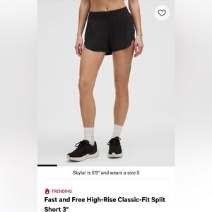 Lululemon fast and free high rise classic fit split short 3”
